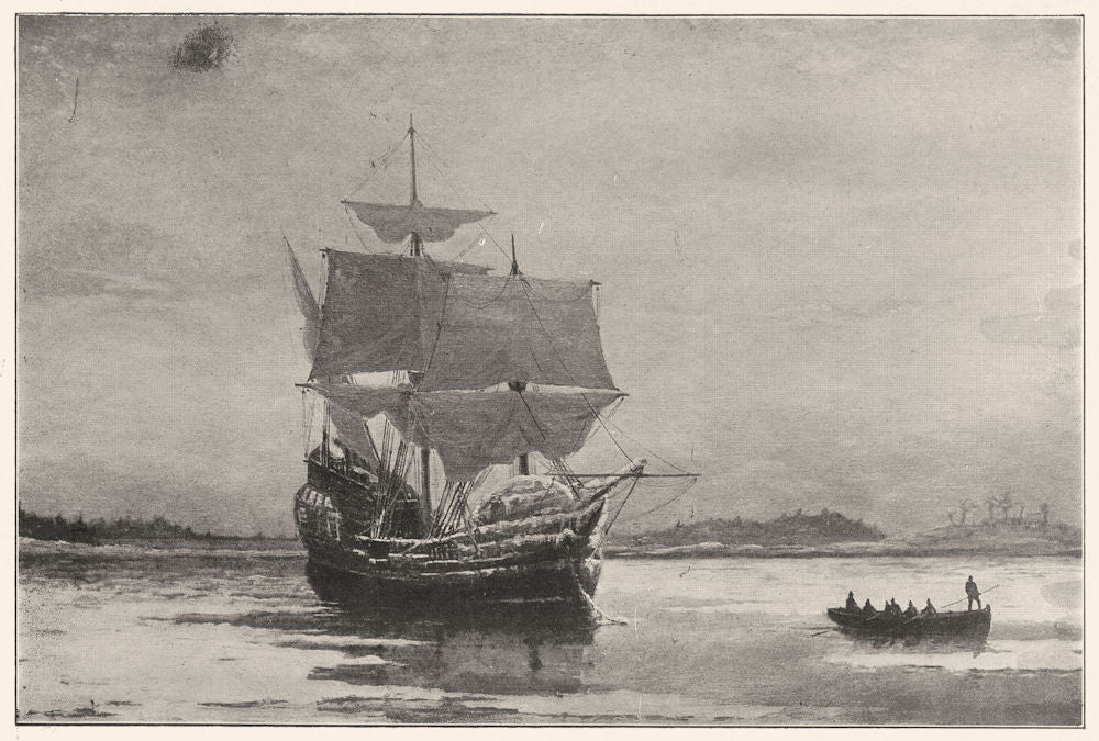 MASSACHUSETTS. The Mayflower in Plymouth Harbor 1907 old antique print picture